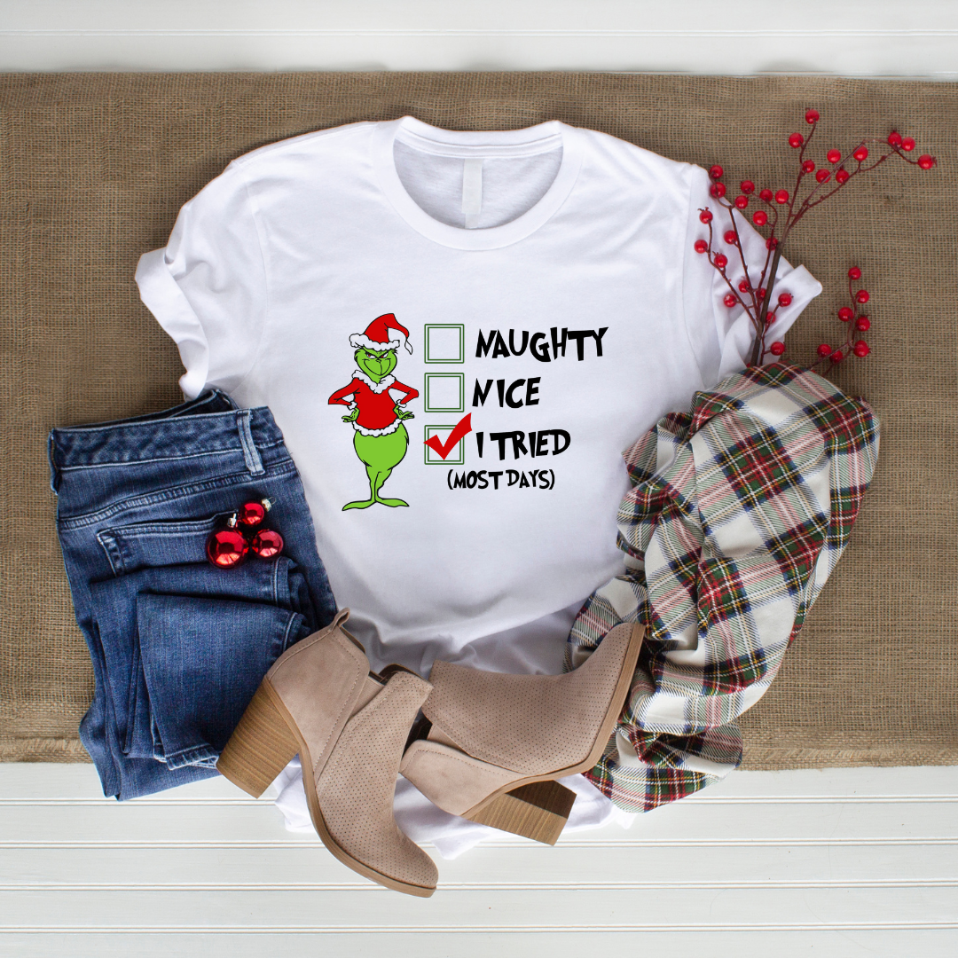 Naughty, Nice, Tired most days women's Christmas Tshirt