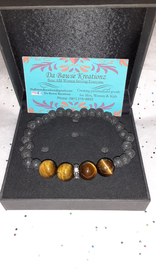 Black Lava Beaded Bracelet with accents of Tigers Eye