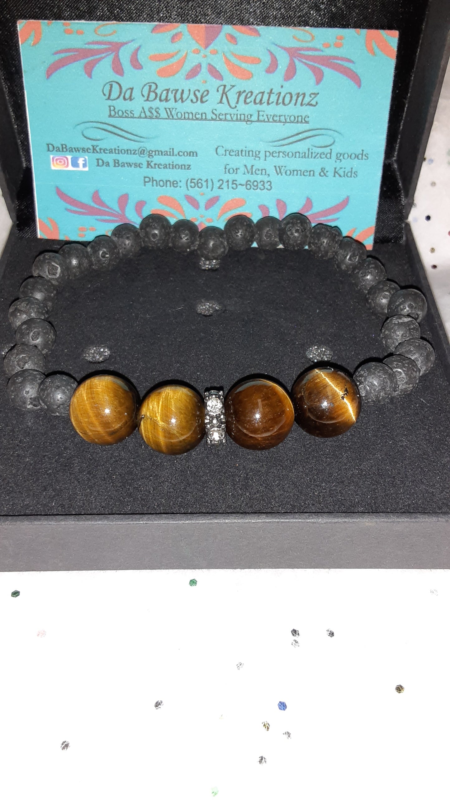 Black Lava Beaded Bracelet with accents of Tigers Eye