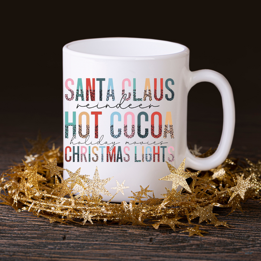 Santa Claus, reindeer, hott coca, Christmas lights