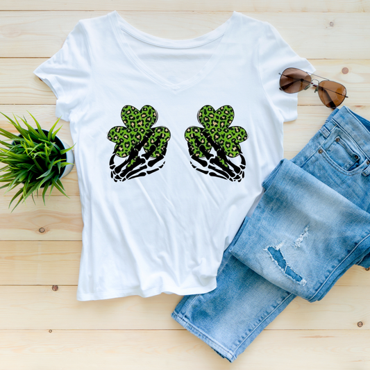 Shamrock with Skeleton hands women's v-neck Shirt